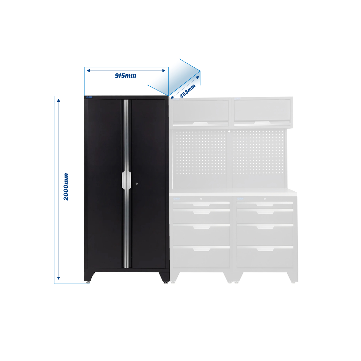 SGS 7pc Garage Storage System | 8 Drawers | Stainless Steel Worktop | 2x Upper Cabinets | Tall Double Cabinet